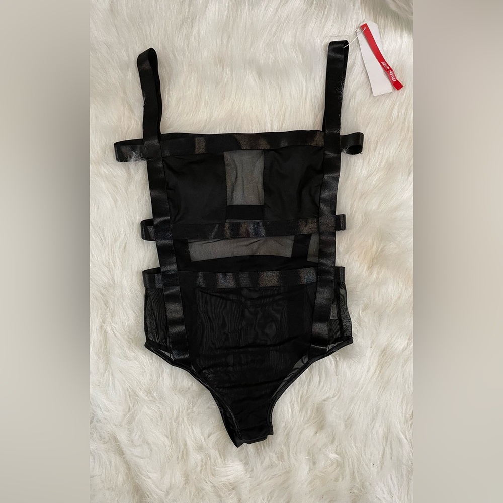 Black Sheer Panel Strappy Bodysuit - Women